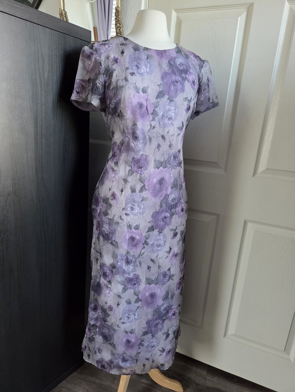 Vintage 90's Purple Floral Tie Back Short Sleeve Dress Dani Max Size 6